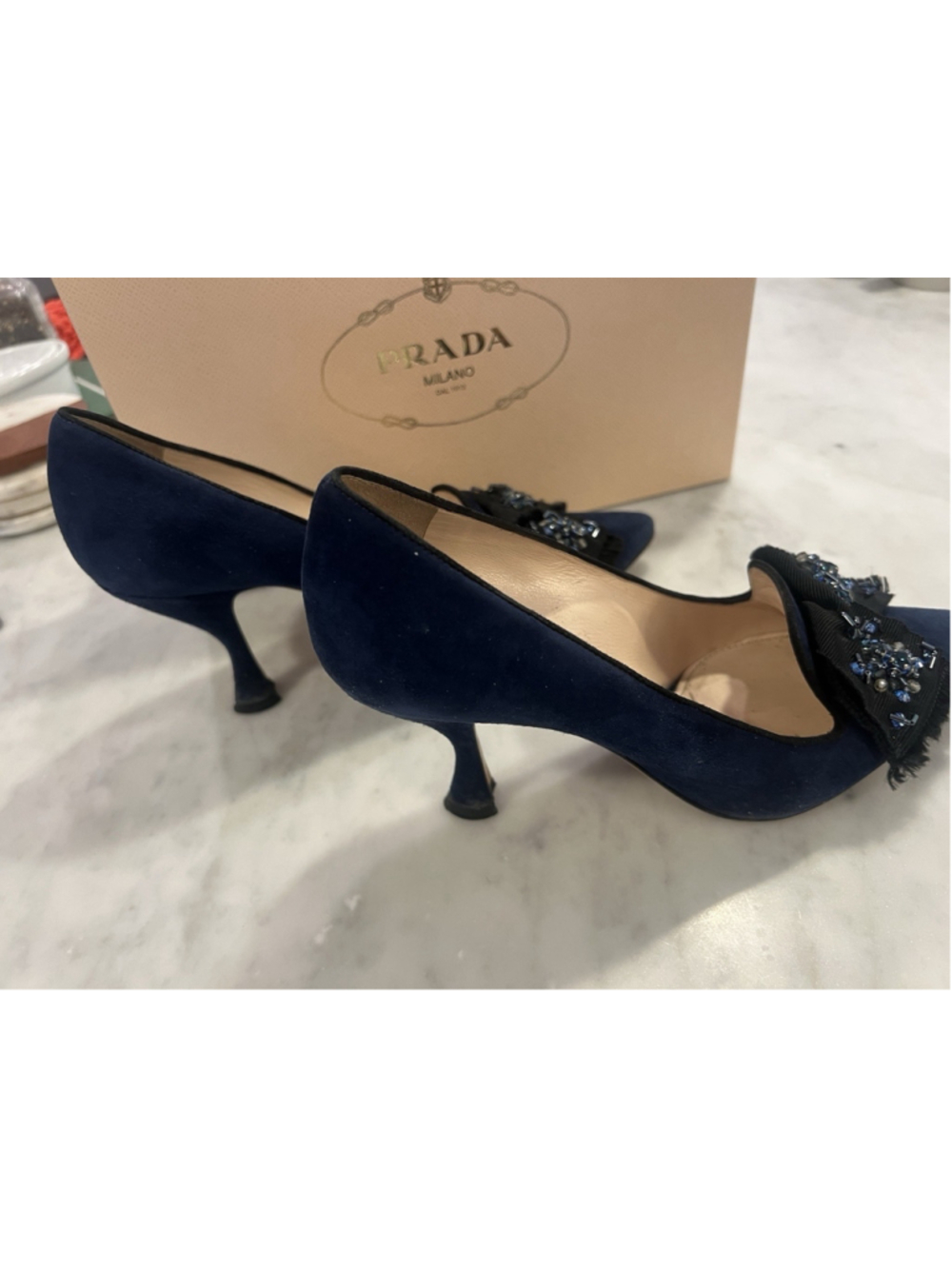 Prada Suede Beaded Bow Navy Blue Designer Heels Sz 39 (8.5/9) With Original Box - Picture 9 of 16